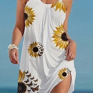 Sunflower Floral Sleeveless Mini Cami Dress Yellow White XL XXL